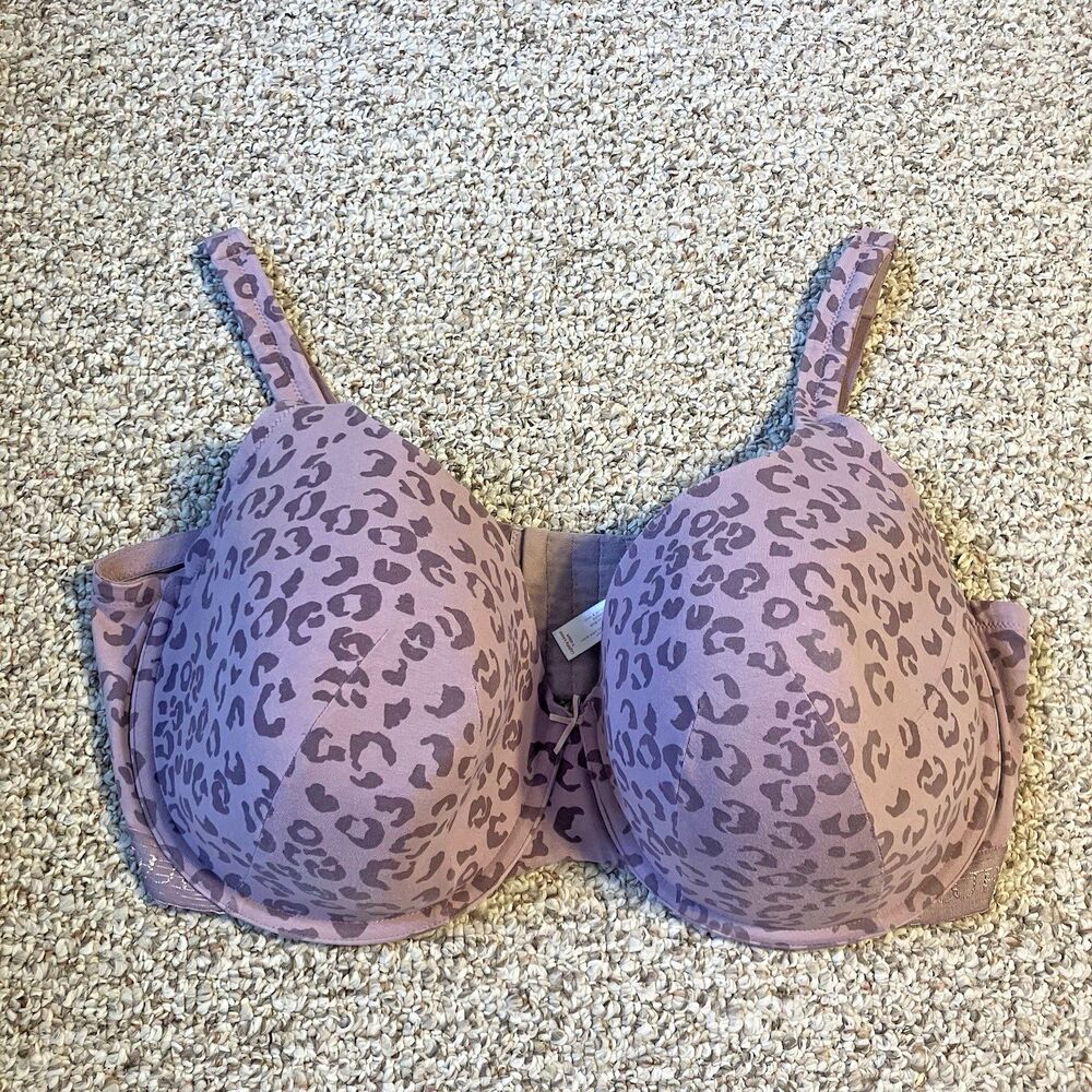 Cacique Lightly Lined T-Shirt Bra Size 44H Mauve Purple Animal Print Wide Adjust